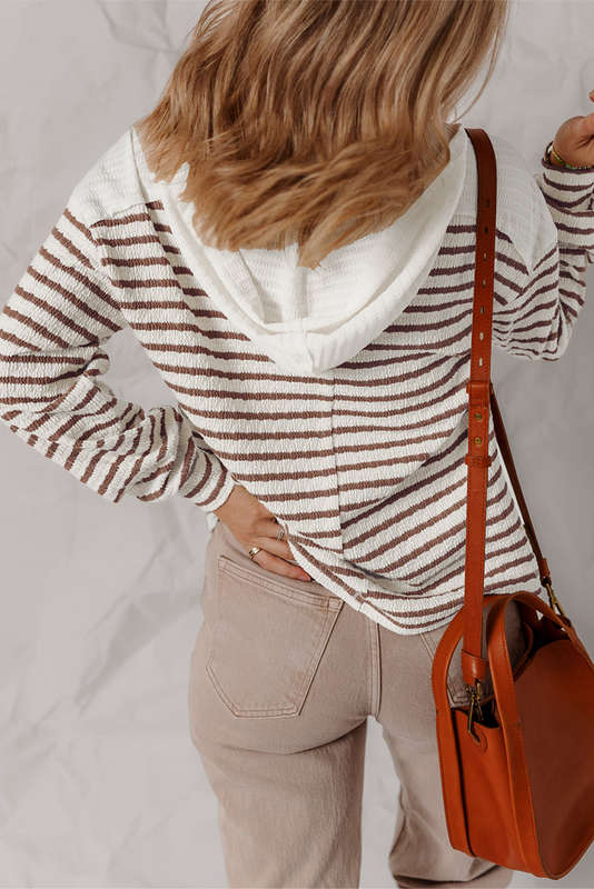 Khaki Stripe Textured Hooded V Neck Casual Long Sleeve Top