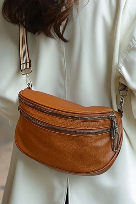 Chestnut PU Leather Double Zipper Crossbody Bag