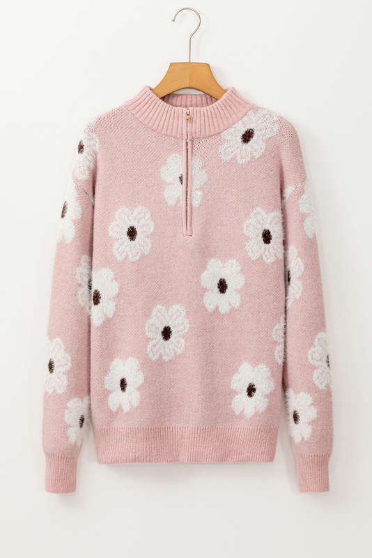 Pink Floral Pattern Half Zip Drop Shoulder Sweater