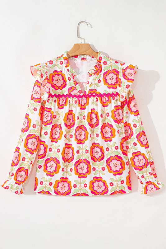 Rose Floral Printed Ruffled Long Sleeve Blouse