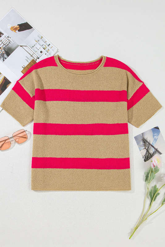 Pink Stripe Colorblock Short Sleeve Crew Neck Lightweight Sweater