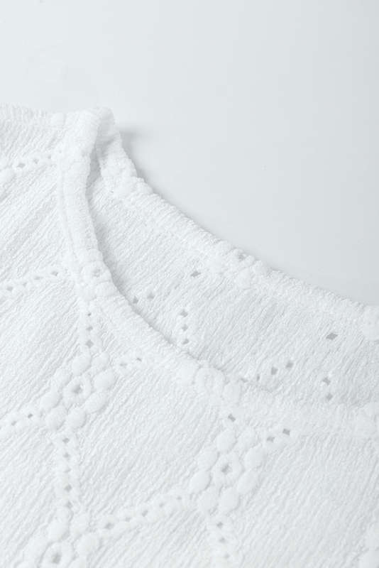 White Flower Geometric Textured Button Short Sleeve Top