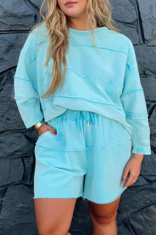 Aruba Blue Plus Size Solid Color Splicing Raw Hem Pullover Top Shorts Set