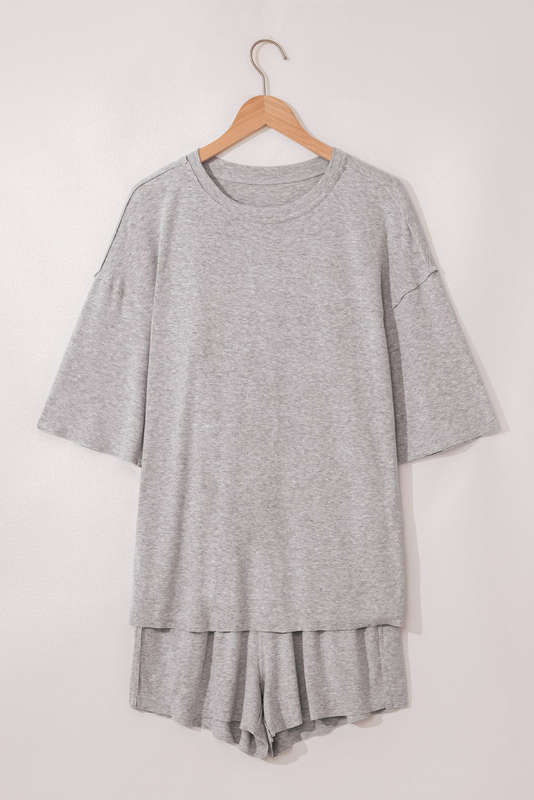 Gray Solid Color Loose Tee 2 Piece Shorts Set