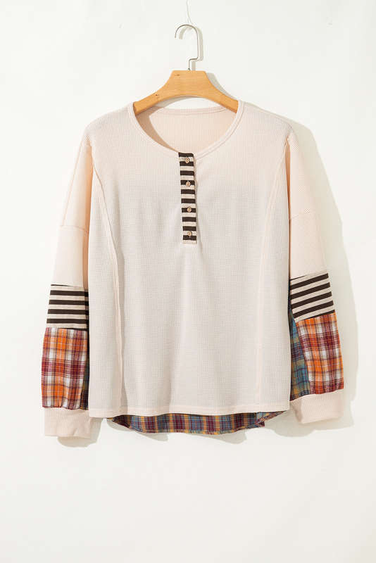 Parchment Plus Size Waffle Colorblock Striped Plaid Patchwork Half Button Pullover