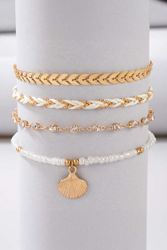 Gold Shell Pendant Beaded Braided Multi Layer Bracelet
