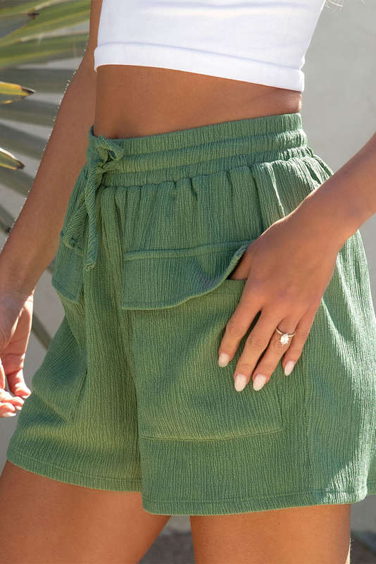 Green Flap Pocket Casual Drawstring Elastic Waistband Shorts