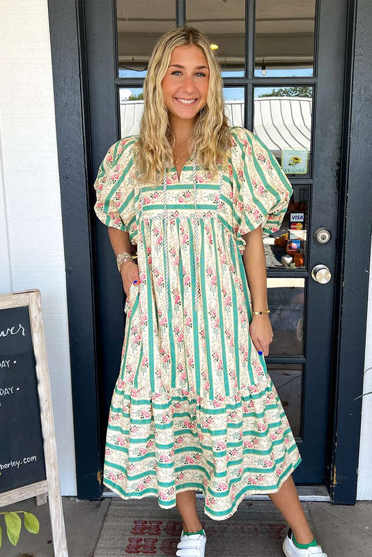 Multicolour Striped Floral Print Tie Split Neck Puff Sleeve Midi Dress