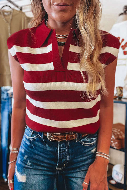 Red Stripe Collared Split Neck Sweater Vest