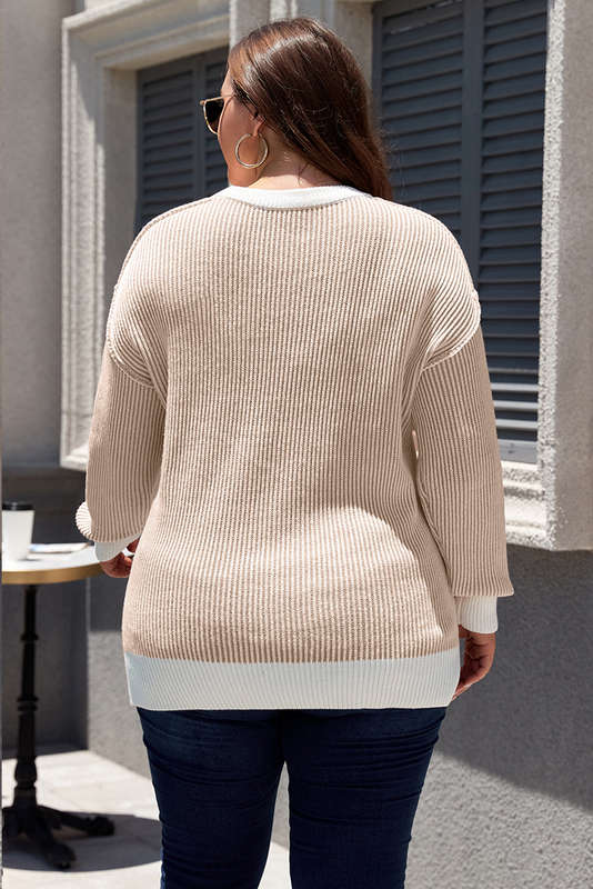 Brown Stripe Plus Size Contrast Trim Crew Neck Rib Knit Drop Shoulder Sweater