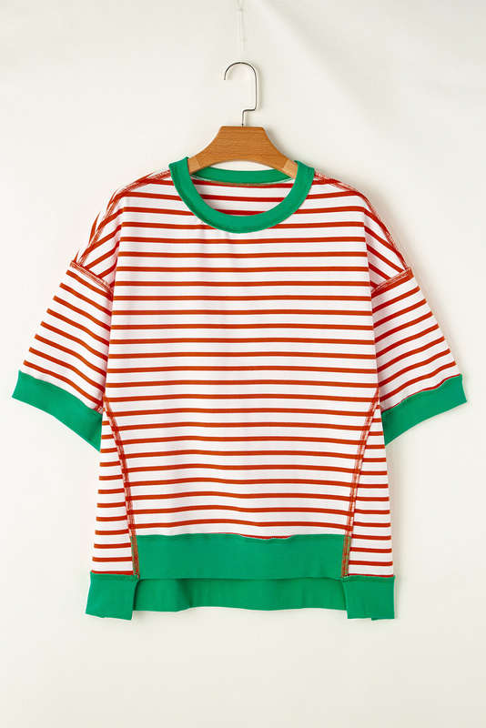 Orange Stripe Oversized Contrast Trim Exposed Seam High Low T Shirt