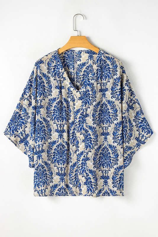 Blue Plus Size Ethnic Printed 3/4 Sleeve V Neck Loose Blouse