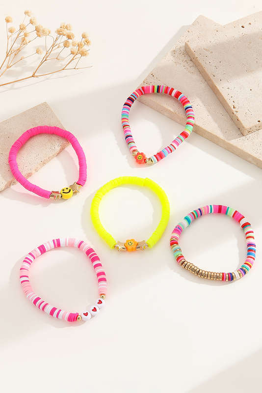Bright Pink Smile Face Flower Beaded 5pcs Bracelet Set (Color of Flower May Vary)