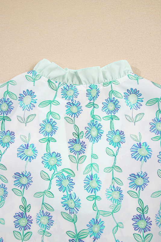 Green Floral Print Striped Detail Contrast V Neck Patchwork Flutter Sleeve Blouse