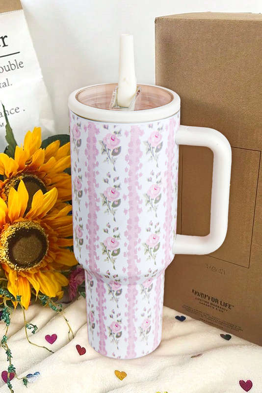 Light Pink Sweet Floral Print Straw Insert Thermo Tumbler Cup