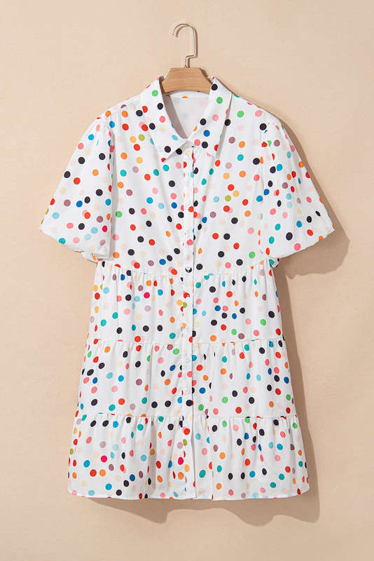 White Polka Dot Print Bubble Sleeve Button Up Plus Size Shirt Dress