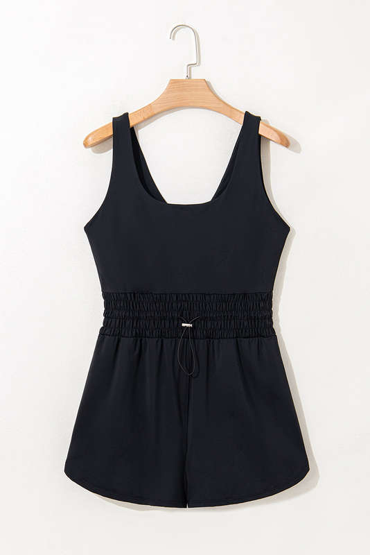 Black Plain Sleeveless Loop Drawstring Cinched Waist Romper
