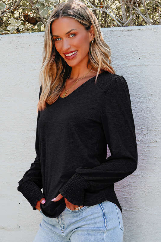 Black Shirred Shoulder Frilled Cuffs Long Sleeve Top