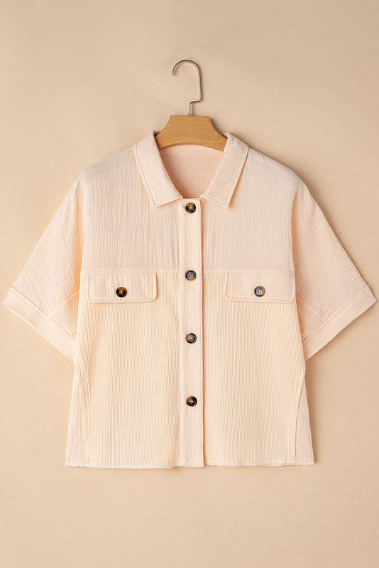 Beige Waffle Splicing Short Batwing Sleeve Flap Detail Shirt