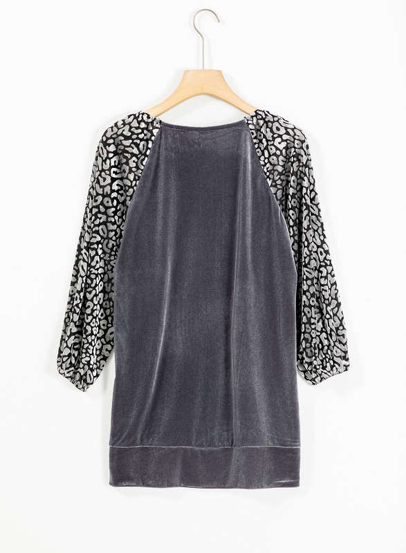 Medium Grey Leopard Splicing Lantern Sleeve Velvet Blouse