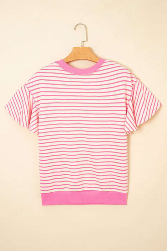 Sachet Pink Sequined American Flag Bow Patched Striped Ruffled Sleeve Blouse