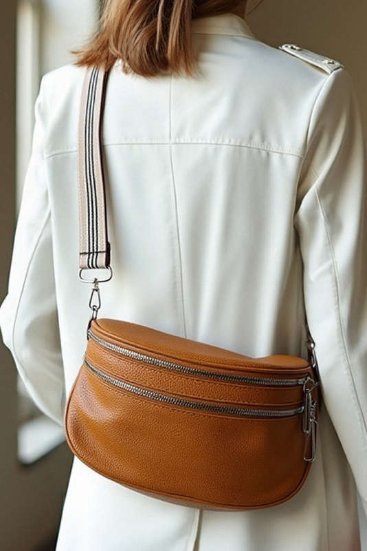 Chestnut PU Leather Double Zipper Crossbody Bag