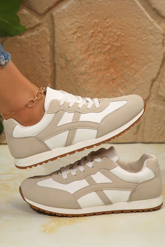 Oatmeal Color Block Lace-up PU Leather Sneakers