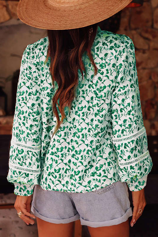 Green Printed Lace Detail Floral Puff Sleeve Fall Shirt