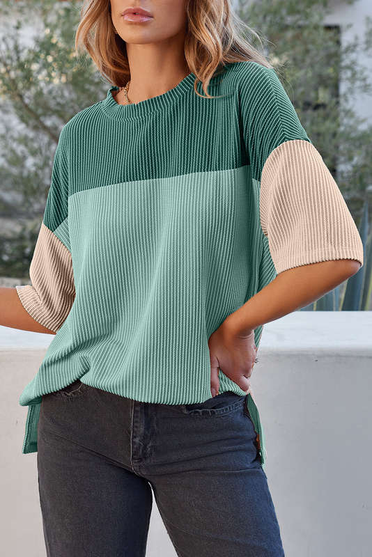 Mint Green Color Block Ribbed Side Slits Half Sleeve Top