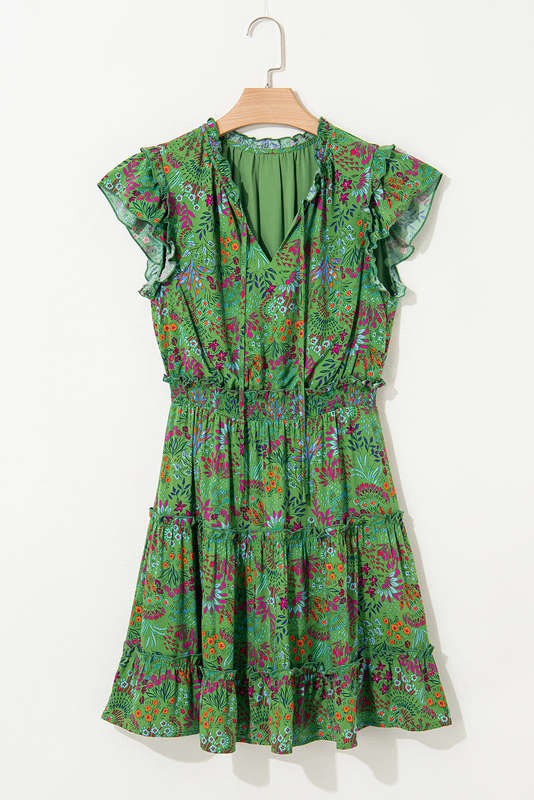 Green Floral Tie Split Neck Frilly Ruffle Trim Tiered Short Dress