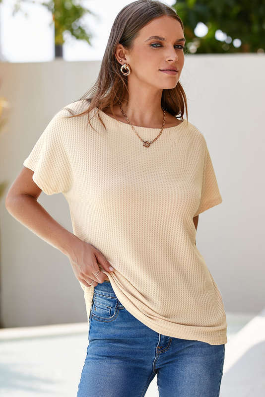 Light French Beige Waffle Knit Boat Neck Short Sleeve Top
