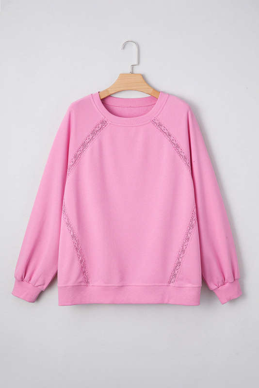 Bright Pink Lace Patched Raglan Sleeve Loose Fit Sweatshirt