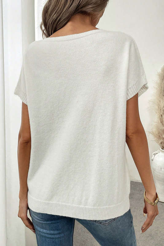 White Bow Pattern Knit Short Sleeve Sweater