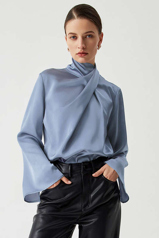 Ivy Asymmetric Pleated Turtleneck Bell Sleeve Blouse
