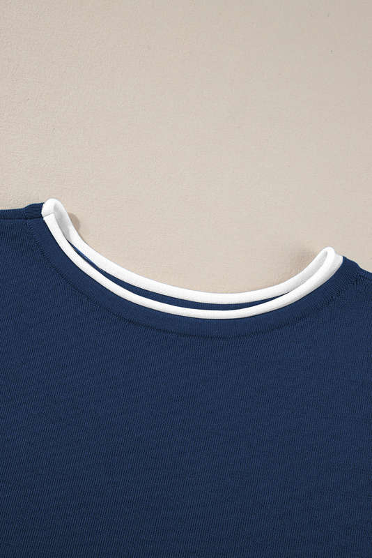 Navy Blue Contrast Trim Half Sleeve Top Drawstring Pants Loose 2pcs Sweater Suit