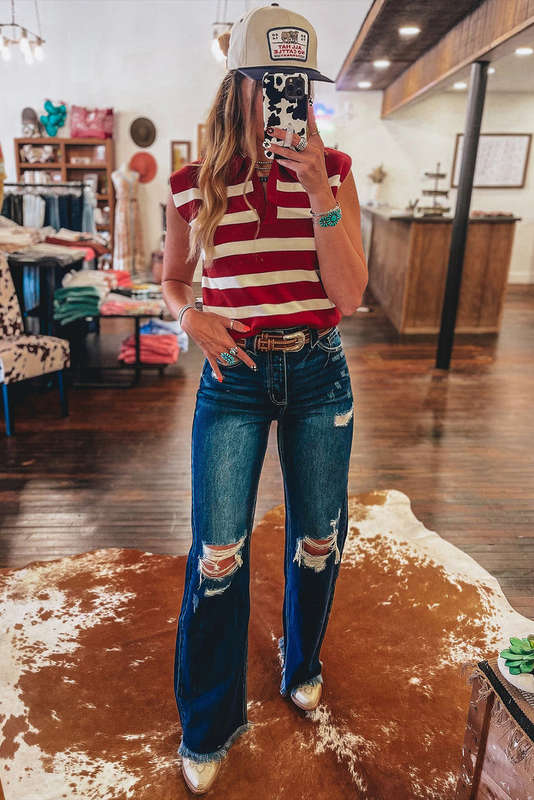 Red Stripe Collared Split Neck Sweater Vest