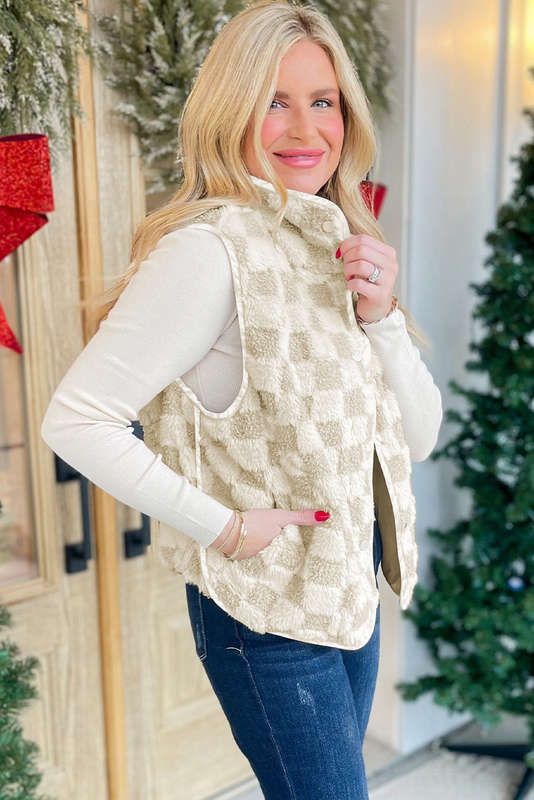 Khaki Sherpa Checkerboard Snap Button Vest Jacket With Pocket
