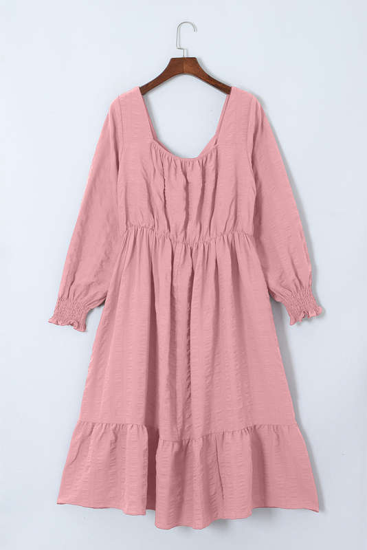 Pink Lace-up Ruched Front Long Sleeve Ruffle Hem Plus Size Midi Dress