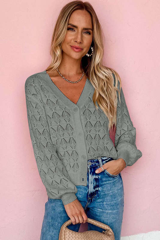 Gray Lightweight Buttoned Front Crochet Cardigan