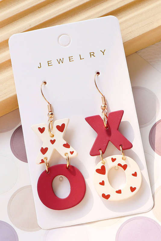 Racing Red Heart Print XOXO Letter Dangle Hook Earrings