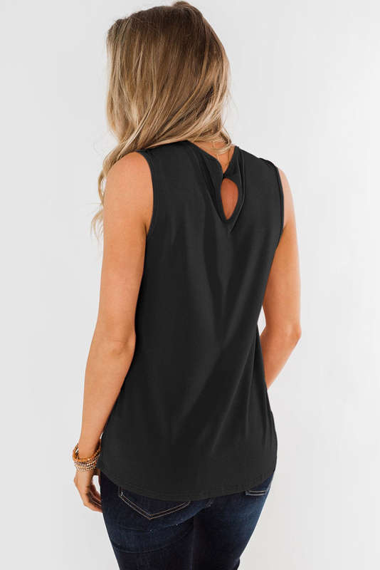 Black Pleated Round Neck Sleeveless Top