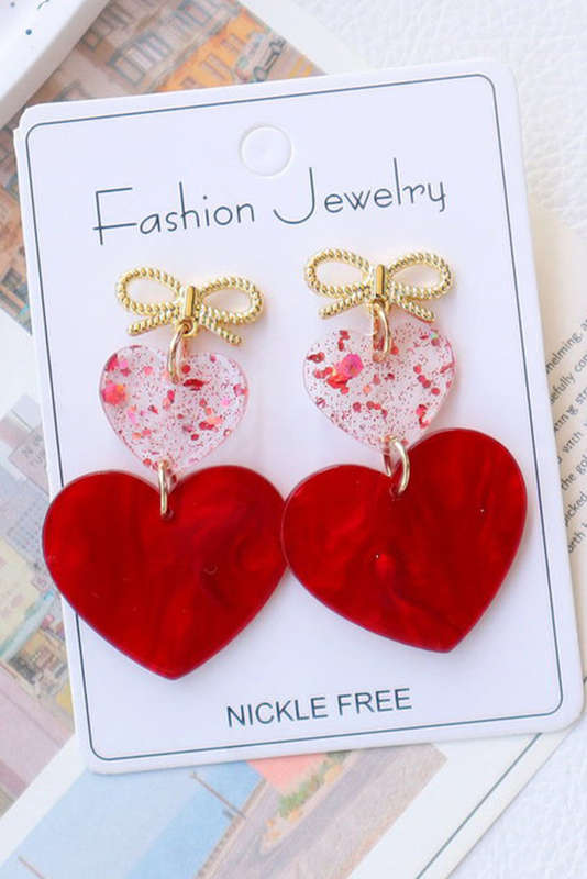 Fiery Red Bow Knot Heart Shape Dangle Earrings