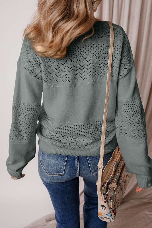 Mist Green Eyelet Pattern Detail V Neck Drop Shoulder Sweater