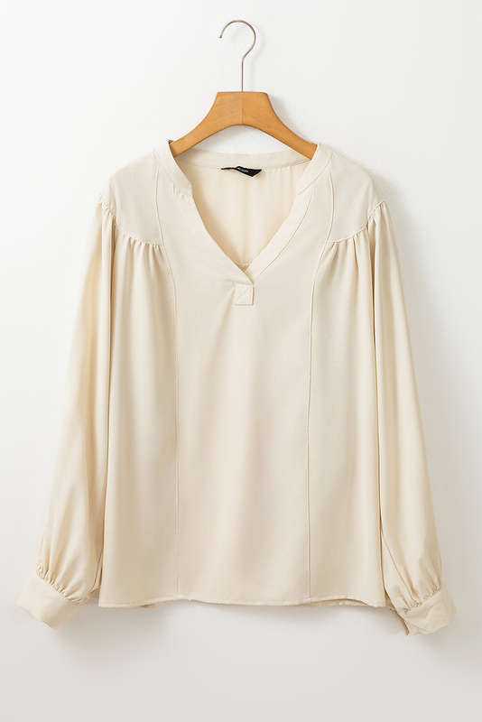White Solid Color Lantern Sleeve Notched V Neck Blouse