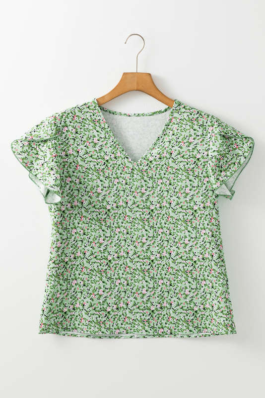 Green Boho Floral V Neck Wrap Short Sleeve Blouse