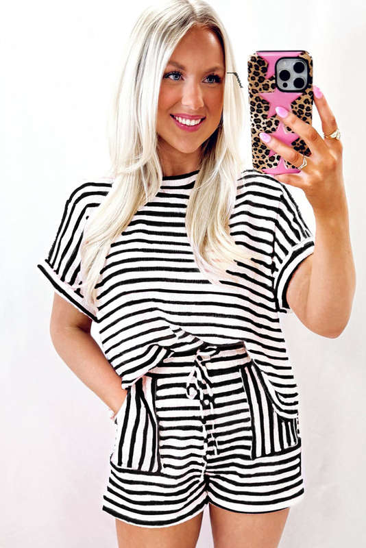 Black Stripe Knitted Short Sleeve Top and Drawstring Shorts Set