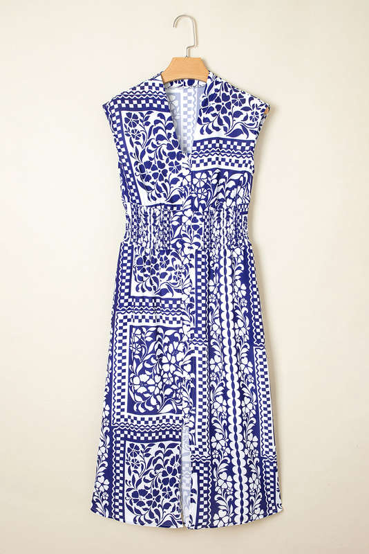Dirty blue Shirred Waist V Neck Sleeveless Floral Print Midi Dress