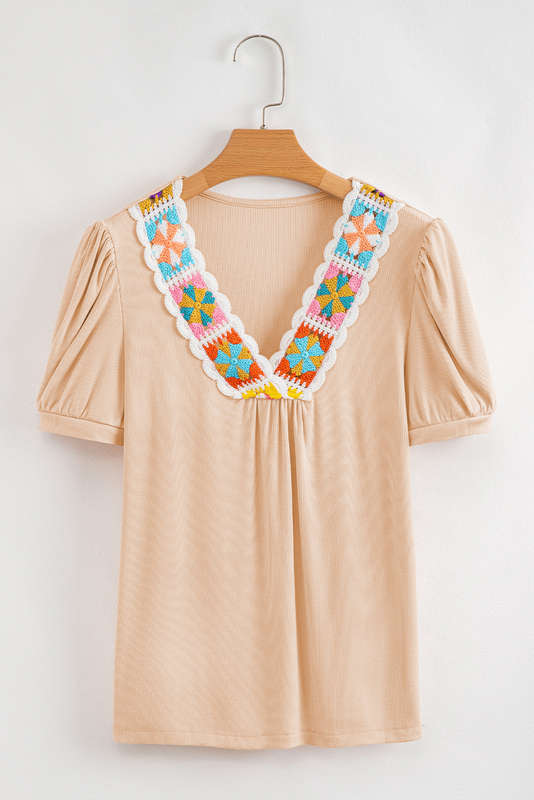 Pale Chestnut Crochet Floral V Neck Textured Short Sleeve Blouse