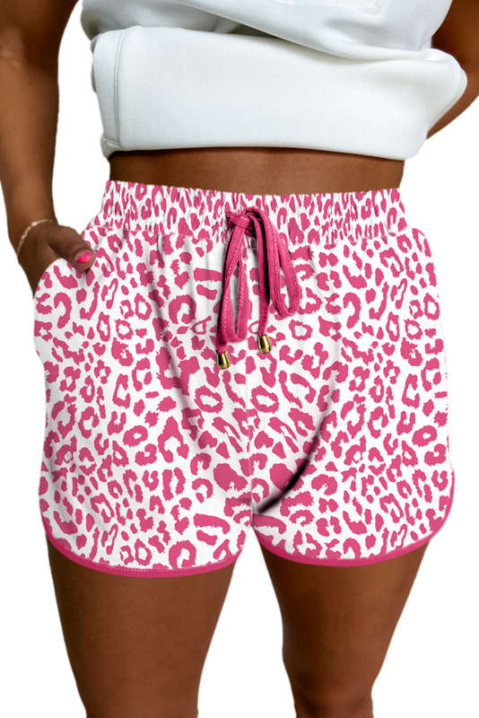 Pink Leopard Elastic Waistband Lace up Contrast Trim Casual Shorts