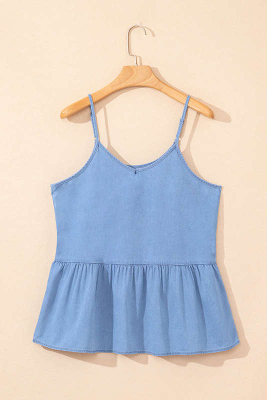 Sky Blue Casual Ruffled Spaghetti Straps Denim Tank Top